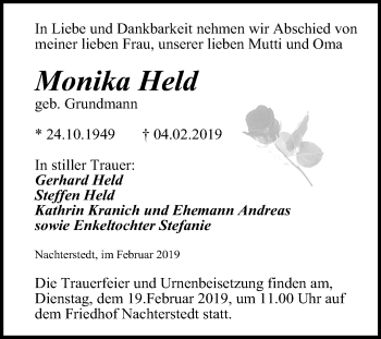 Traueranzeige von Monika Held von Mitteldeutsche Zeitung Aschersleben