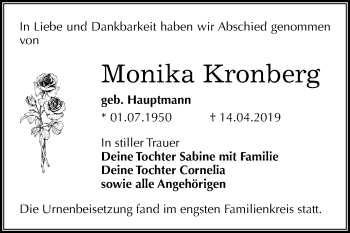 Traueranzeige von Monika Kronberg von Mitteldeutsche Zeitung Mansfelder Land