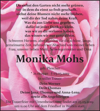 Traueranzeige von Monika Mohs von Mitteldeutsche Zeitung Bitterfeld