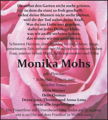 Traueranzeige von Monika Mohs von WVG - Wochenspiegel Bitterfeld