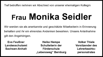 Traueranzeige von Monika Seidler von Mitteldeutsche Zeitung