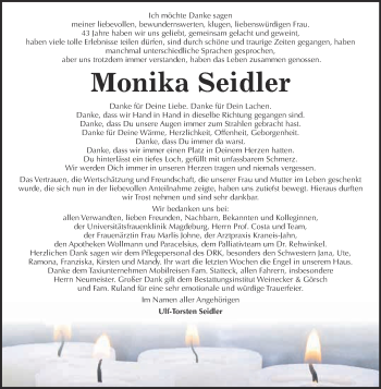 Traueranzeige von Monika Seidler von Super Sonntag Bernburg