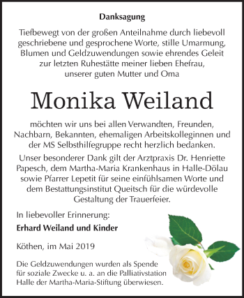 Traueranzeige von Monika Weiland von Mitteldeutsche Zeitung