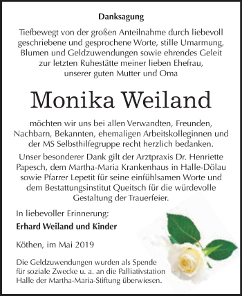 Traueranzeige von Monika Weiland von WVG - Wochenspiegel Dessau / Köthen