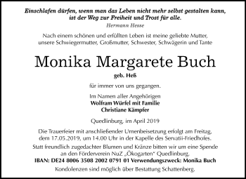 Traueranzeige von Monika Margarete Buch von Mitteldeutsche Zeitung Quedlinburg