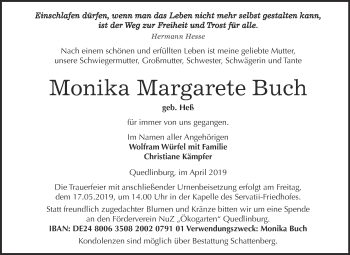 Traueranzeige von Monika Margarete Buch von Super Sonntag Quedlinburg