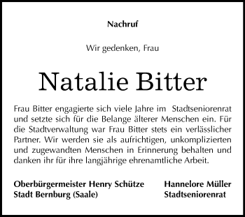 Traueranzeige von Natalie Bitter von Mitteldeutsche Zeitung