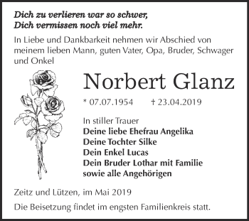 Traueranzeige von Norbert Glanz von WVG - Wochenspiegel NMB / WSF / ZTZ