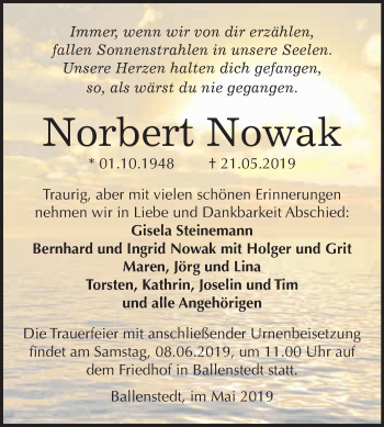 Traueranzeige von Norbert Nowak von WVG - Wochenspiegel Quedlinburg