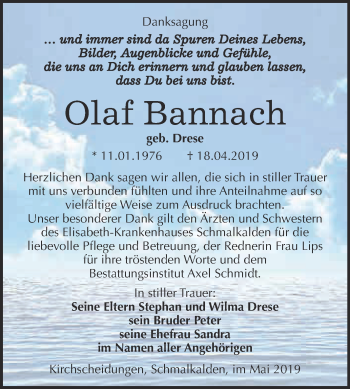 Traueranzeige von Olaf Bannach von WVG - Wochenspiegel NMB / WSF / ZTZ