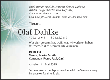 Traueranzeige von Olaf Dahlke von Super Sonntag Bernburg