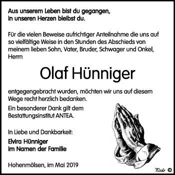 Traueranzeige von Olaf Hünniger von Mitteldeutsche Zeitung