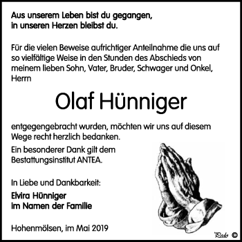 Traueranzeige von Olaf Hünniger von WVG - Wochenspiegel NMB / WSF / ZTZ