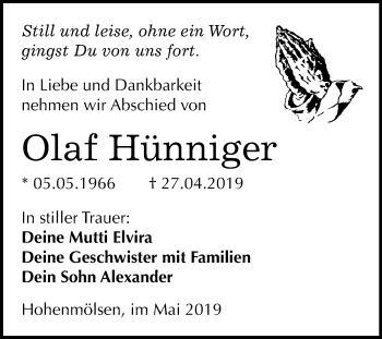 Traueranzeige von Olaf Hünniger von Mitteldeutsche Zeitung Weißenfels