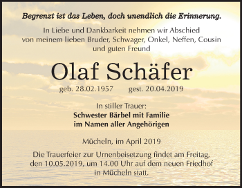 Traueranzeige von Olaf Schäfer von Mitteldeutsche Zeitung Merseburg/Querfurt