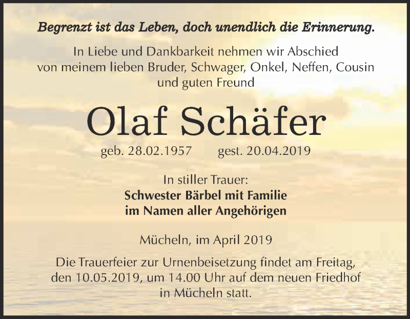  Traueranzeige für Olaf Schäfer vom 29.04.2019 aus WVG - Wochenspiegel Merseburg