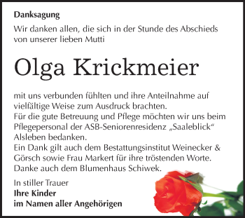 Traueranzeige von Olga Krickmeier von Mitteldeutsche Zeitung Bernburg