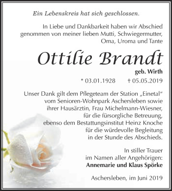 Traueranzeige von Ottilie Brandt von Super Sonntag Aschersleben