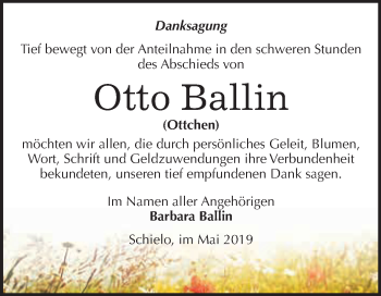 Traueranzeige von Otto Ballin von WVG - Wochenspiegel Quedlinburg