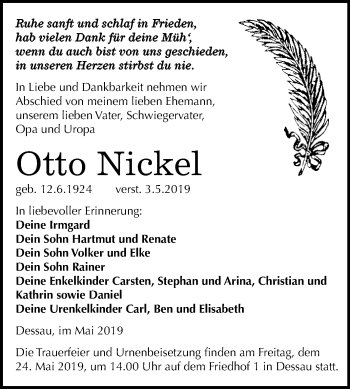 Traueranzeige von Otto Nickel von WVG - Wochenspiegel Dessau / Köthen