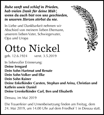 Traueranzeige von Otto Nickel von Mitteldeutsche Zeitung Dessau-Roßlau