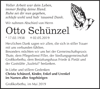 Traueranzeige von Otto Schünzel von WVG - Wochenspiegel NMB / WSF / ZTZ