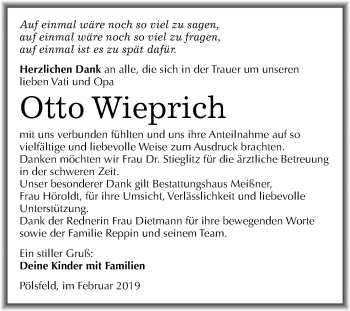 Traueranzeige von Otto Wieprich von Mitteldeutsche Zeitung Sangerhausen