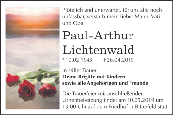 Traueranzeige von Paul-Arthur Lichtenwald von WVG - Wochenspiegel Bitterfeld