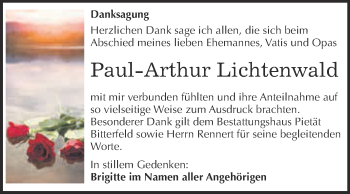Traueranzeige von Paul-Arthur Lichtenwald von WVG - Wochenspiegel Bitterfeld