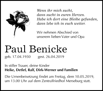 Traueranzeige von Paul Benicke von Mitteldeutsche Zeitung Merseburg/Querfurt