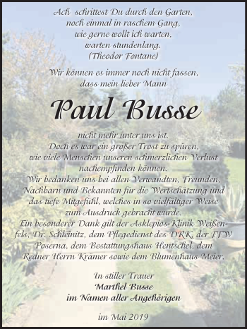 Traueranzeige von Paul Busse von WVG - Wochenspiegel NMB / WSF / ZTZ