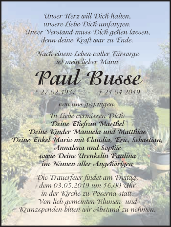 Traueranzeige von Paul Busse von WVG - Wochenspiegel NMB / WSF / ZTZ
