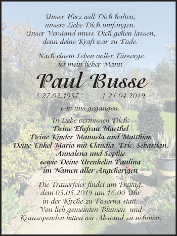 Traueranzeige von Paul Busse von Mitteldeutsche Zeitung Weißenfels