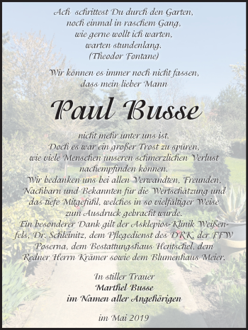 Traueranzeige von Paul Busse von Mitteldeutsche Zeitung Weißenfels