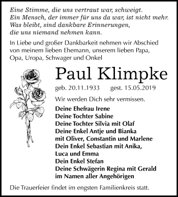 Traueranzeige von Paul Klimpke von Mitteldeutsche Zeitung