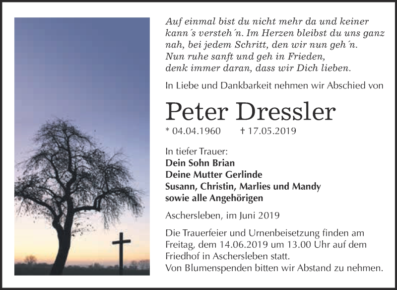  Traueranzeige für Peter Dressler vom 27.05.2019 aus Super Sonntag Aschersleben
