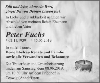 Traueranzeige von Peter Fuchs von WVG - Wochenspiegel Dessau / Köthen