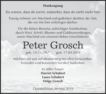 Traueranzeige von Peter Grosch von Super Sonntag Wittenberg