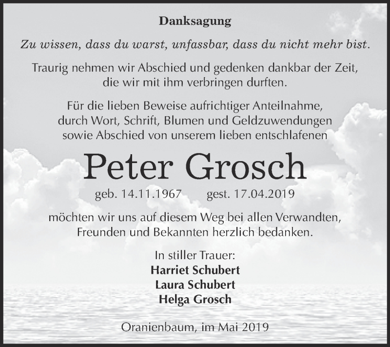  Traueranzeige für Peter Grosch vom 25.05.2019 aus Super Sonntag Wittenberg