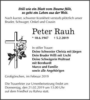 Traueranzeige von Peter Rauh von Mitteldeutsche Zeitung Weißenfels