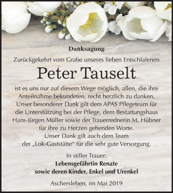 Traueranzeige von Peter Tauselt von Mitteldeutsche Zeitung Aschersleben