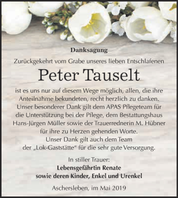 Traueranzeige von Peter Tauselt von Super Sonntag Aschersleben