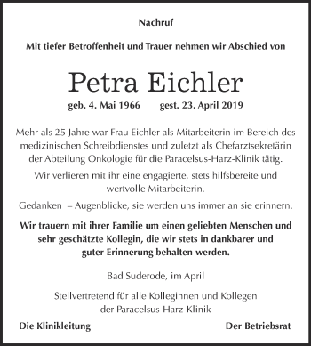 Traueranzeige von Petra Eichler von Super Sonntag Quedlinburg