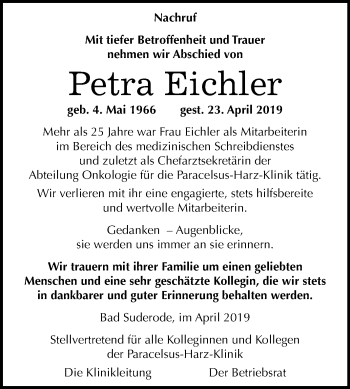 Traueranzeige von Petra Eichler von Mitteldeutsche Zeitung Quedlinburg