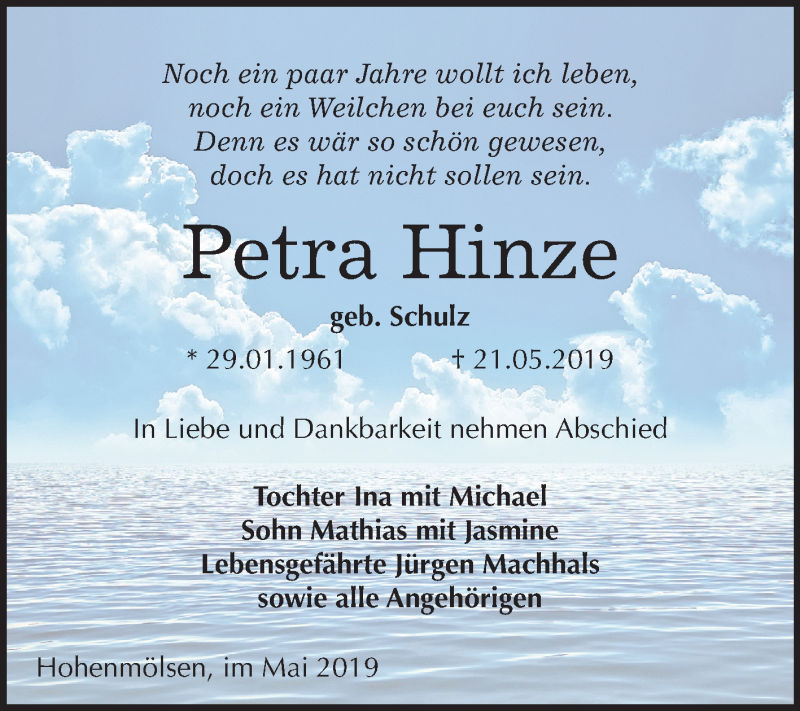  Traueranzeige für Petra Hinze vom 29.05.2019 aus Mitteldeutsche Zeitung Weißenfels
