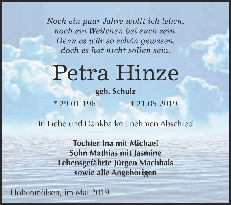  Traueranzeige für Petra Hinze vom 27.05.2019 aus WVG - Wochenspiegel NMB / WSF / ZTZ