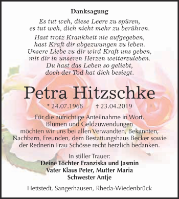 Traueranzeige von Petra Hitzschke von Super Sonntag SGH Mansf. Land