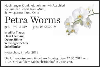 Traueranzeige von Petra Worms von WVG - Wochenspiegel NMB / WSF / ZTZ