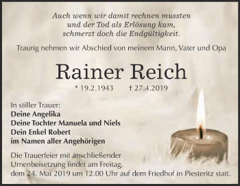 Traueranzeige von Rainer Reich von Super Sonntag Wittenberg