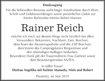 Traueranzeige von Rainer Reich von Super Sonntag Wittenberg